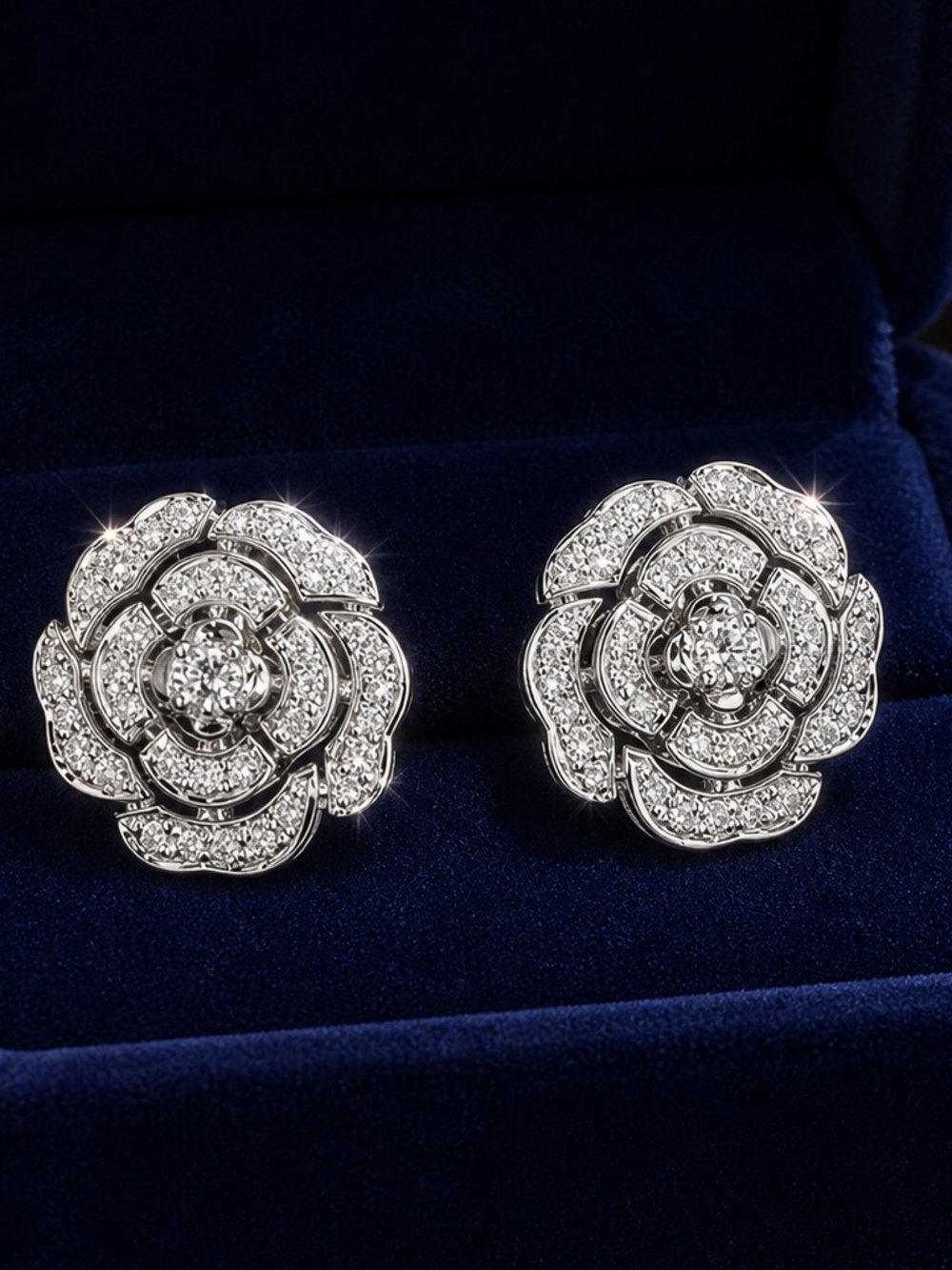 Luxury Elegant Crystal Floral Rose Stud Earrings in Silver Tone